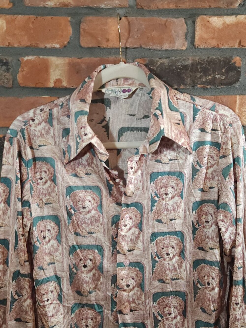 Vintage Huk-a-Poo Nylon Dog Print Button-front Shiny Disco Shirt 70s Women's M/L - Picture 3 of 7